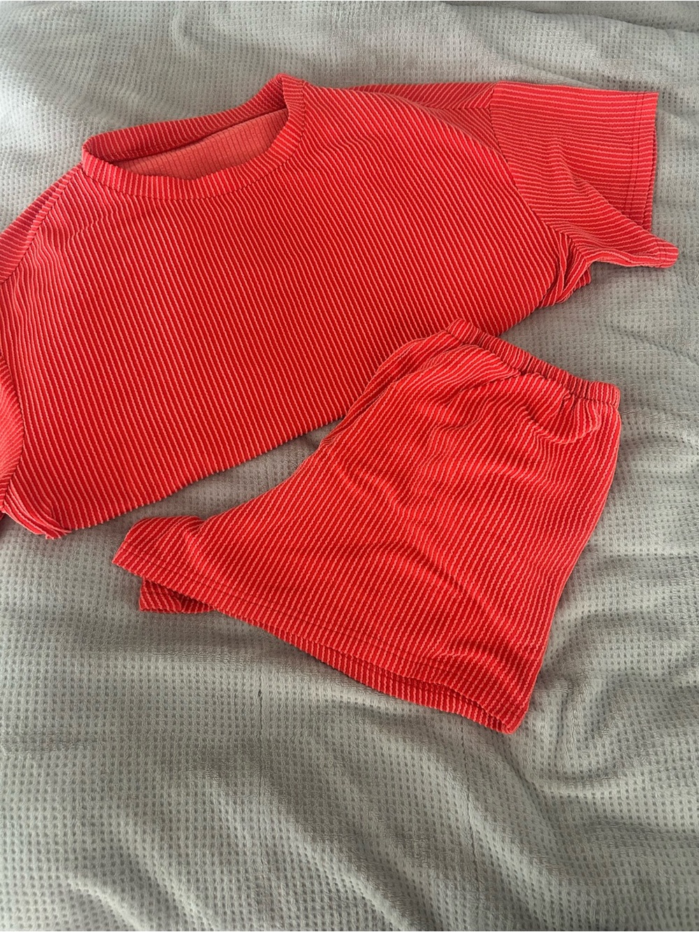Bright Ribbed Coral Lounge Set - Short Sleeve Top & Shorts